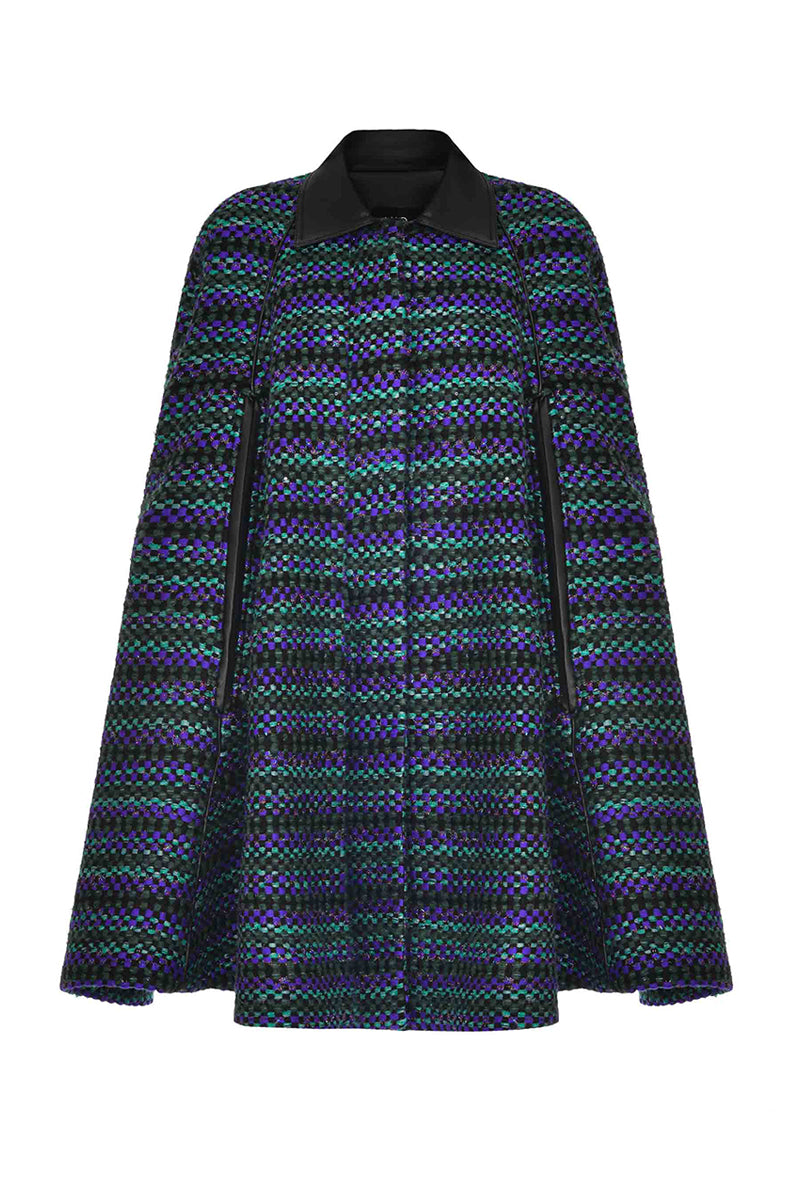 Lalo COOL BLUE wool cape coat draped over a mannequin, showcasing its stylish design and cozy fabric.