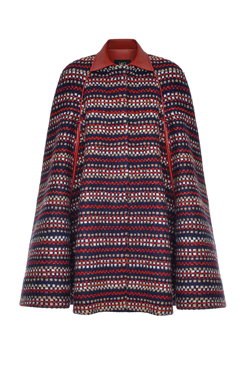 Lalo brushed red wool cape coat hanging on a display rack, showcasing its elegant design and textured fabric.