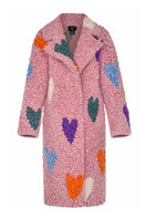 Pink hearts wool coat by Lalo, stylish women's outerwear featuring a vibrant pink heart pattern and cozy wool fabric.