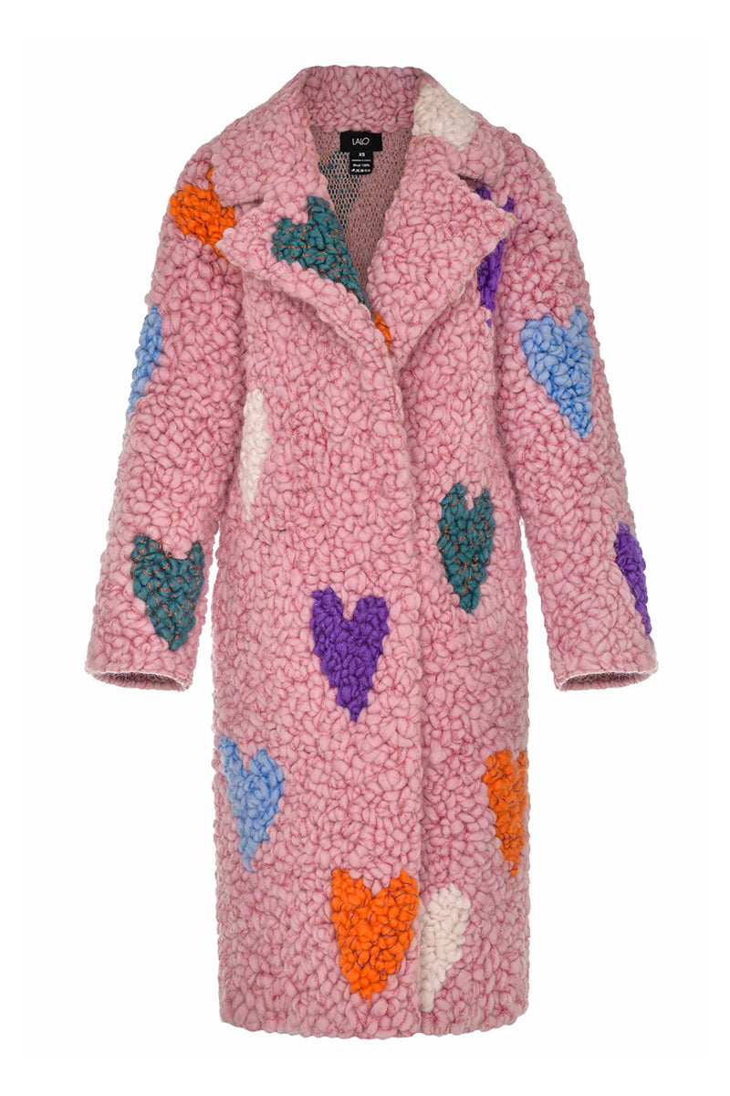 Pink hearts wool coat by Lalo, stylish women's outerwear featuring a vibrant pink heart pattern and cozy wool fabric.