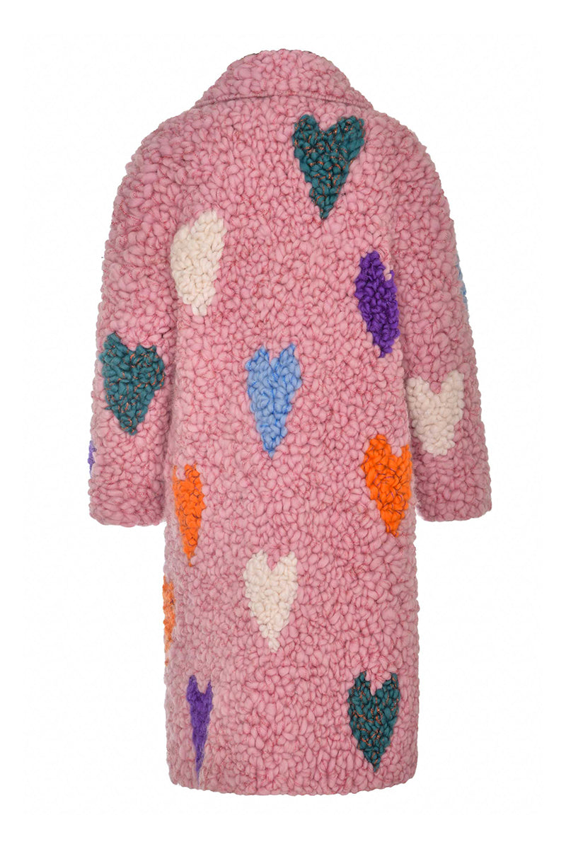 Pink hearts wool coat by Lalo, featuring a cozy wool fabric with a charming pink heart pattern, stylish and warm outerwear.