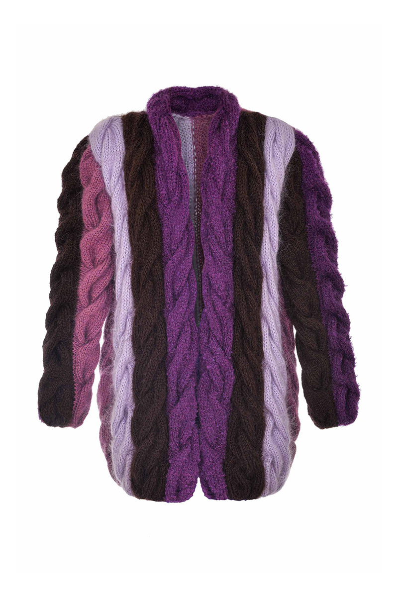 Lalo purple and brown mohair cardigan shown on a hanger, featuring soft texture and cozy knit pattern.