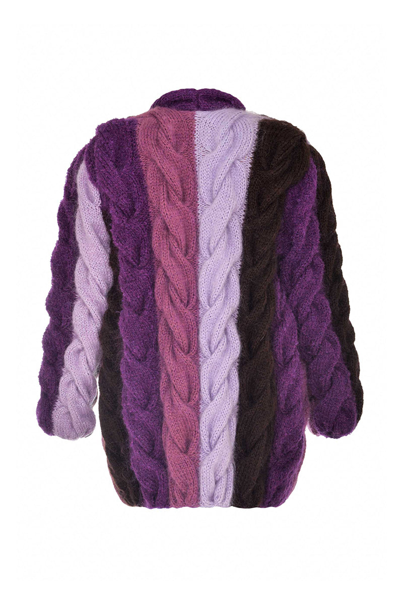 Lalo purple and brown mohair cardigan with a cozy, textured knit, featuring a relaxed fit and button closure.