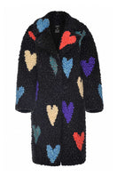 Lalo black hearts wool coat displayed on a hanger, showcasing its stylish design and tailored fit for cold weather.