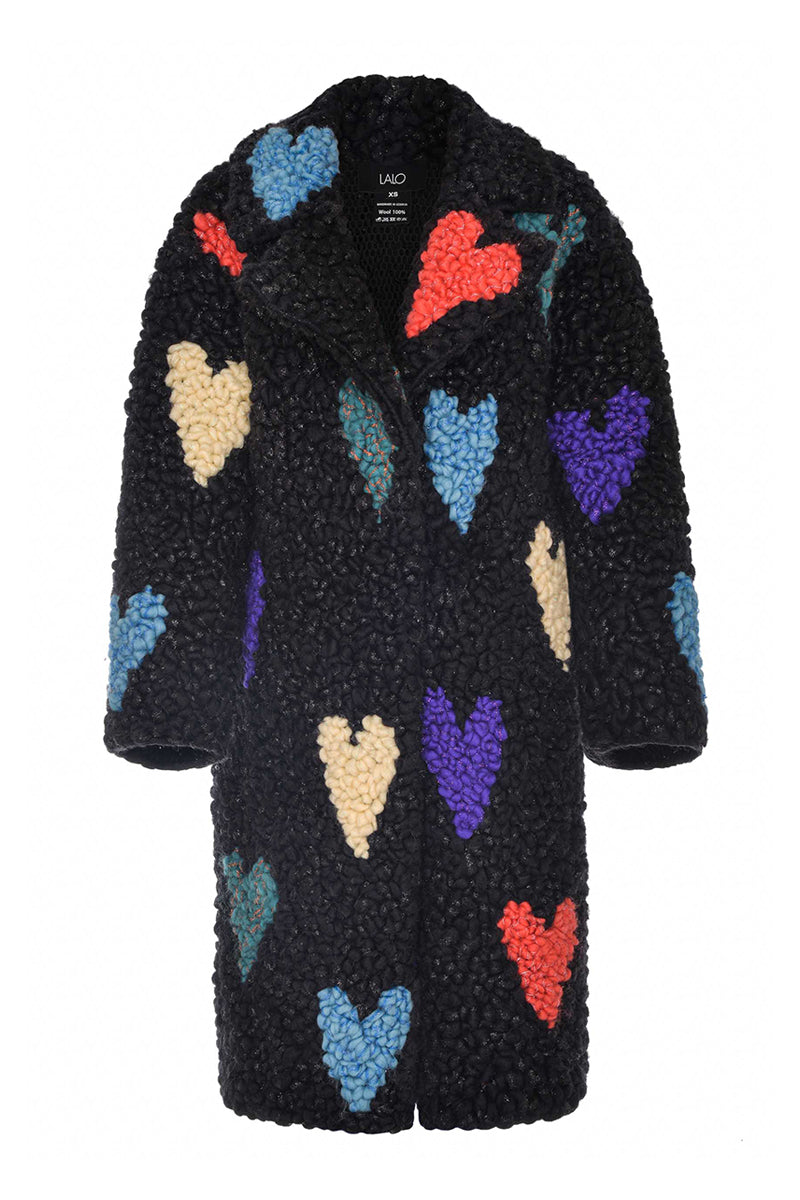 Lalo black hearts wool coat displayed on a hanger, showcasing its stylish design and tailored fit for cold weather.