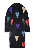 Lalo black hearts wool coat displayed on a hanger, featuring a classic tailored design with a smooth wool fabric.