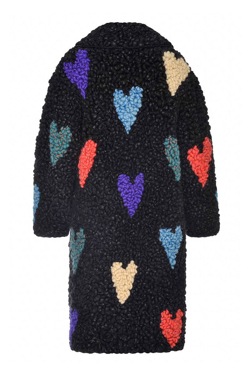 Lalo black hearts wool coat displayed on a hanger, featuring a classic tailored design with a smooth wool fabric.