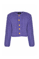 Purple cable knit wool cardigan by Lalo, featuring a cozy, textured design with button closure and long sleeves.