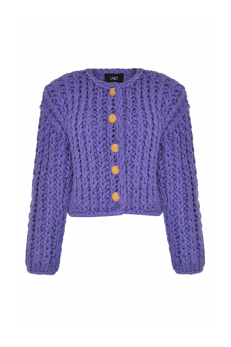 Purple cable knit wool cardigan by Lalo, featuring a cozy, textured design with button closure and long sleeves.