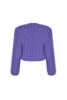 Lalo purple cable knit wool cardigan with chunky knit pattern and button closure, displayed on a plain background.