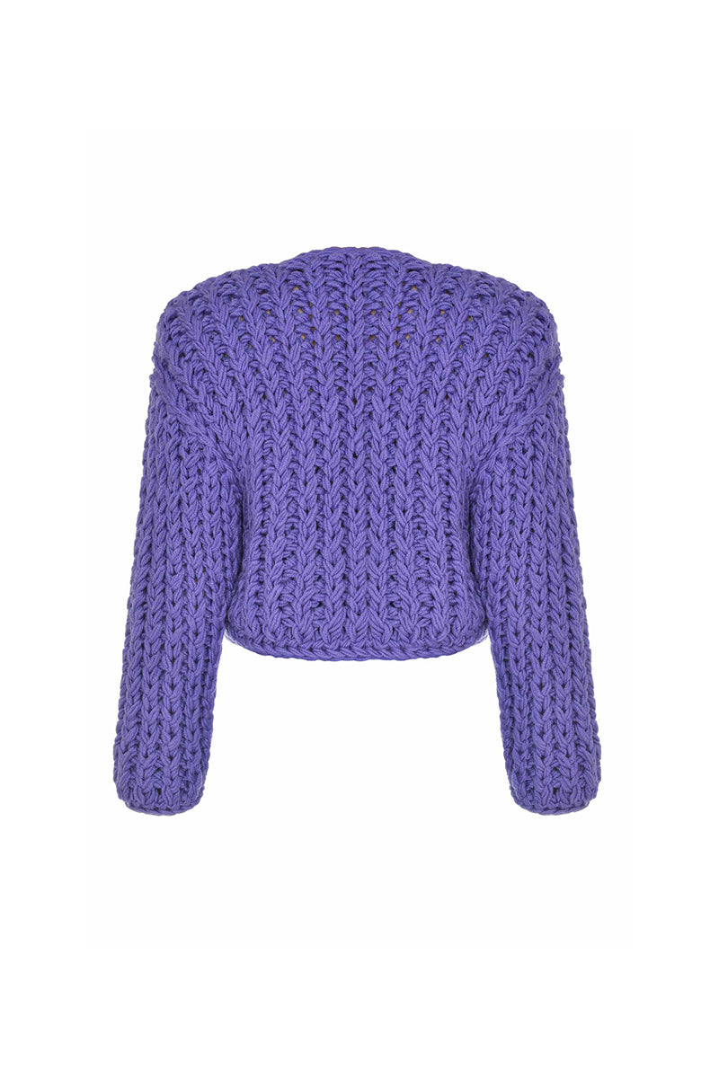 Lalo purple cable knit wool cardigan with chunky knit pattern and button closure, displayed on a plain background.