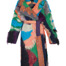 Lalo peach landscape mohair coat hanging on a wooden hanger, showcasing its soft texture and vibrant color.