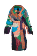 Lalo peach landscape mohair coat hanging on a wooden hanger, showcasing its soft texture and vibrant color.