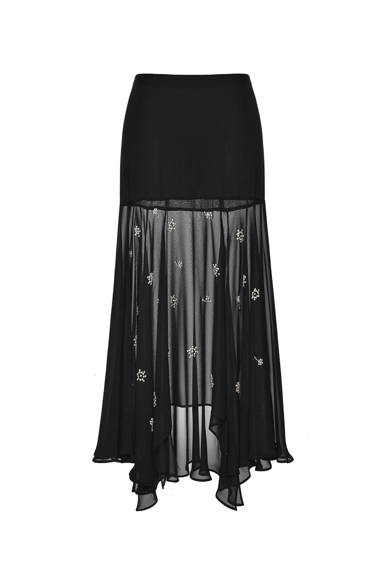 BLACK SHEER SILK LAYERED MAXI SKIRT - CULT MIA