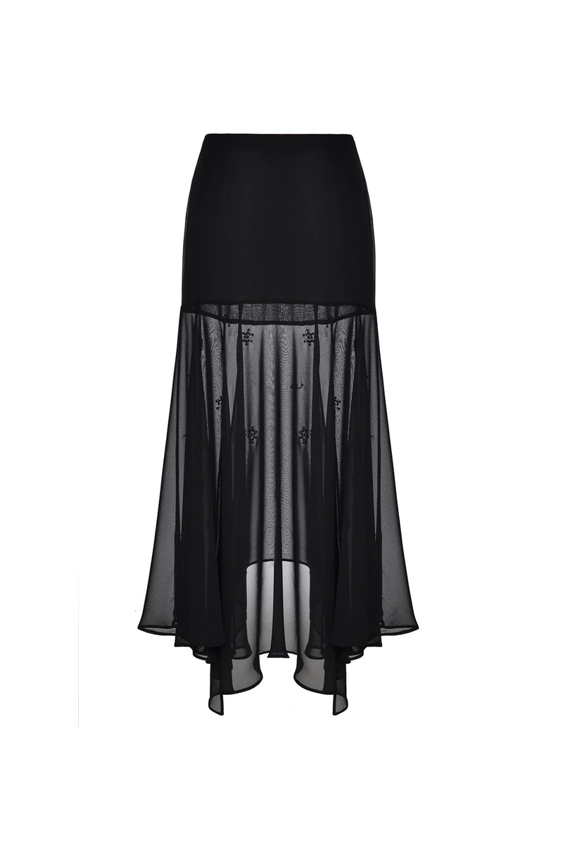 BLACK SHEER SILK LAYERED MAXI SKIRT - CULT MIA