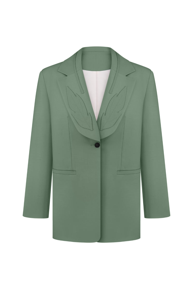 Green PODYH MEREZHYVO jacket displayed on a hanger, showcasing the stylish design and vibrant color.
