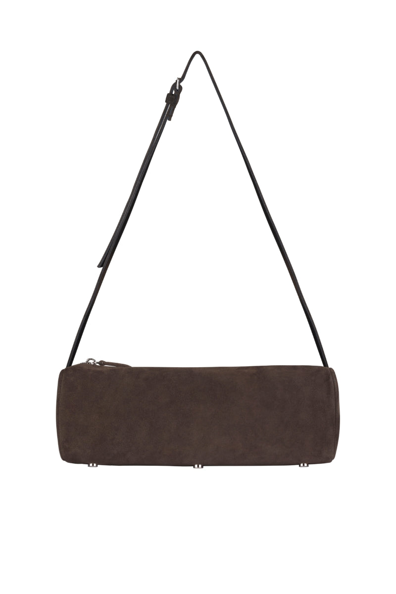 PODYH Koloda brown top handle bag with sleek design and sturdy handles on a white background.