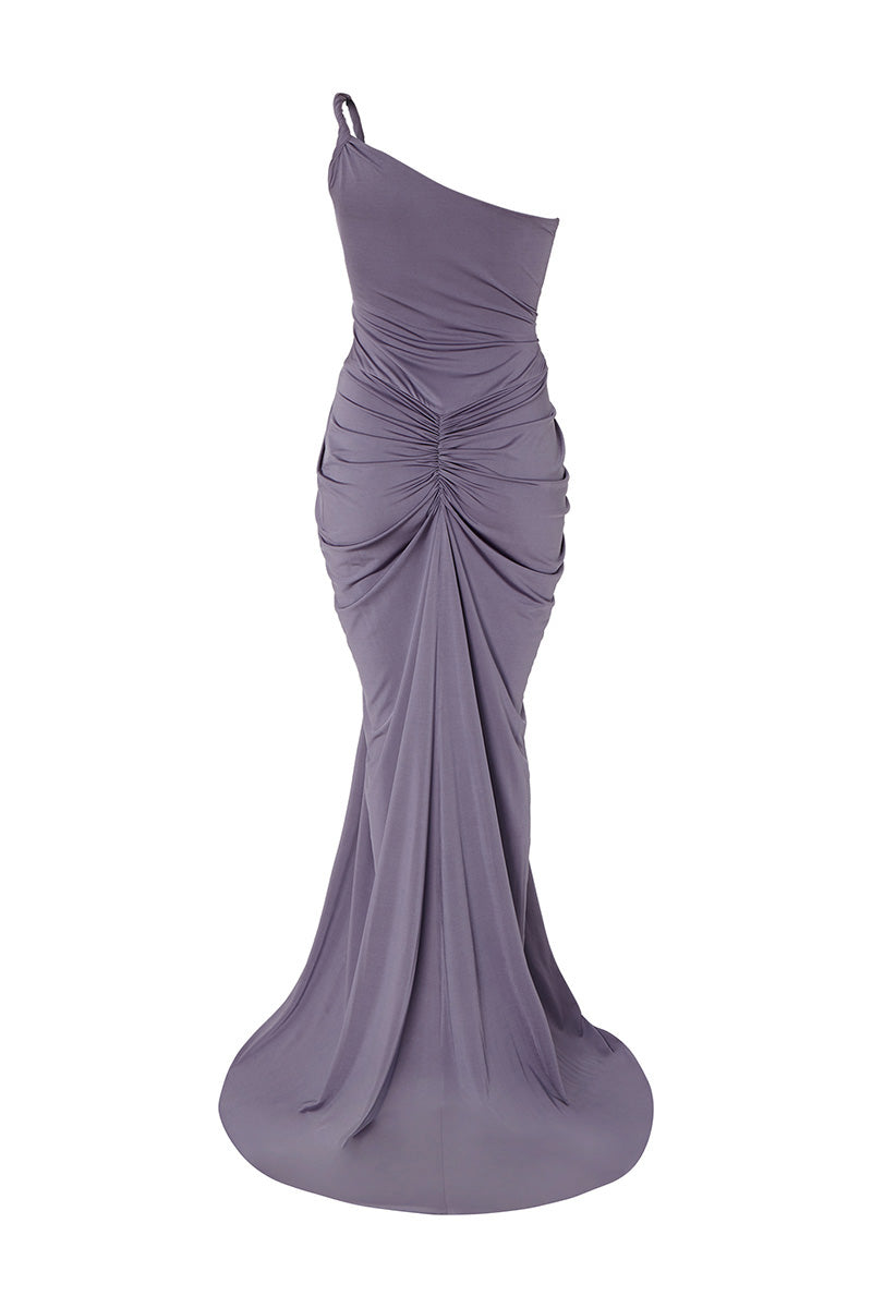 Studio NK violet gown featuring a flowing design, elegant fabric, and a stylish silhouette for formal occasions.