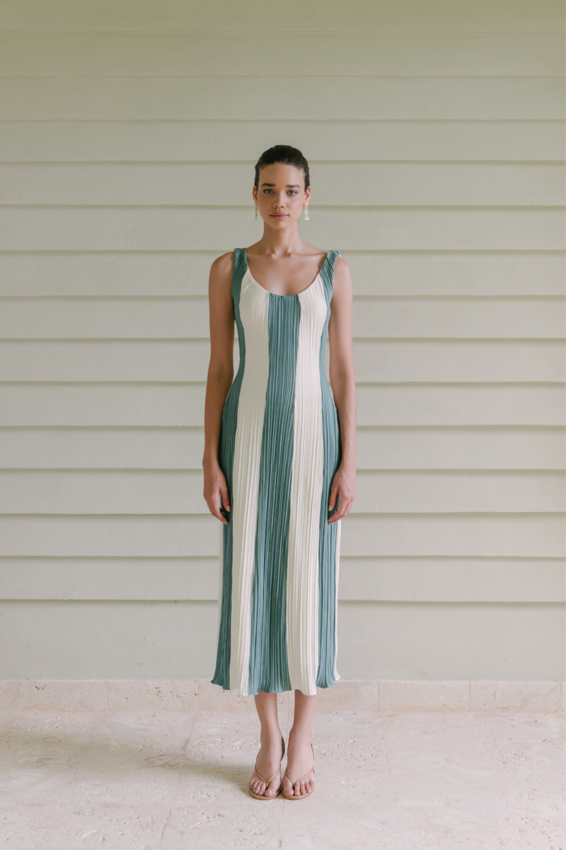 CORRIENTE OFF WHITE AND LAKE GREEN MIDI DRESS - CULT MIA