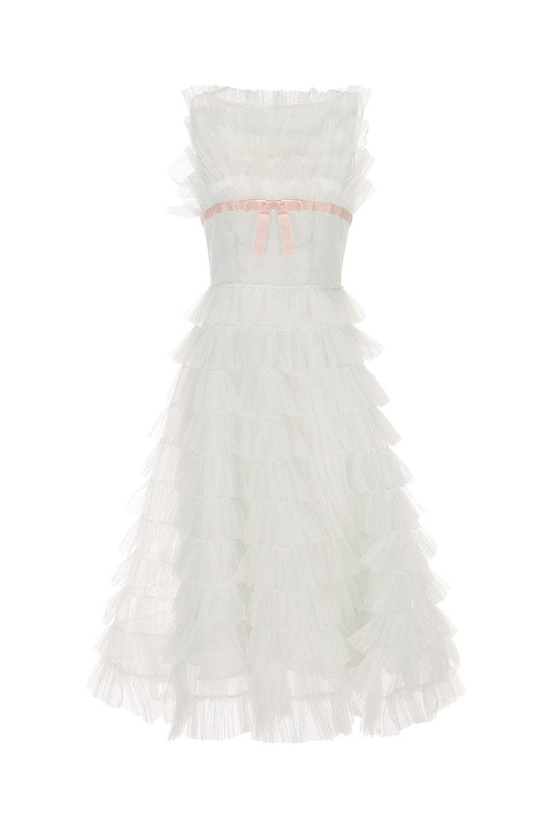 Chictopia Deborah ivory midi dress displayed on a mannequin, featuring elegant fabric and a stylish, flowing design.