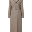 Chictopia belted long line coat in neutral fabric, featuring a tailored fit and stylish lapel collar.