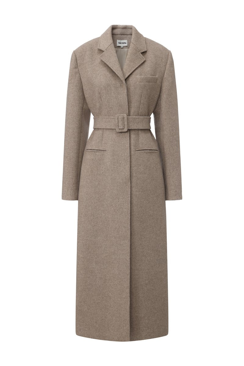 Chictopia belted long line coat in neutral fabric, featuring a tailored fit and stylish lapel collar.