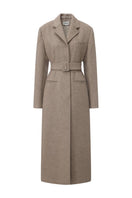 Chictopia belted long line coat in neutral fabric, featuring a tailored fit and stylish lapel collar.