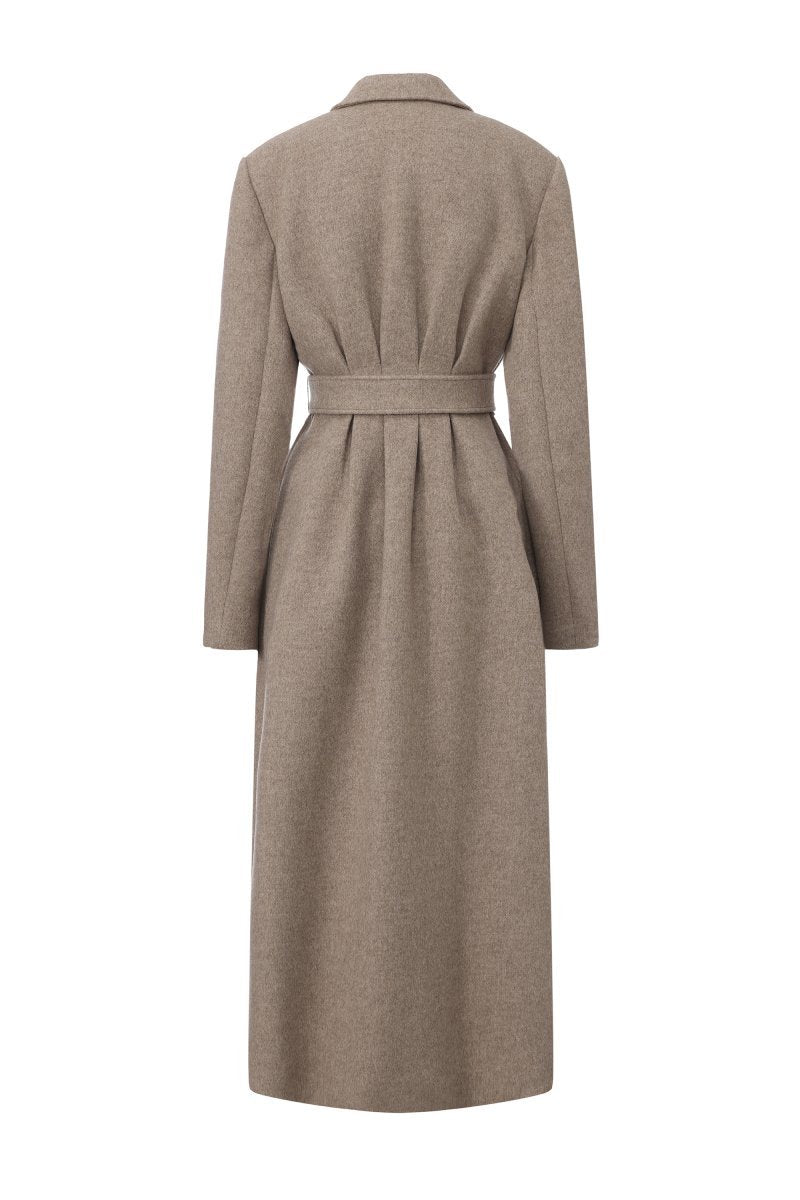 Chictopia belted long line coat with a tailored fit, featuring a stylish belt and classic design, perfect for cold weather.