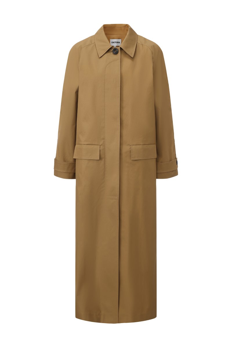 Long brown collared trench coat by Chictopia, featuring a classic design with a tailored fit and button closure.