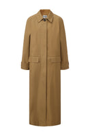 Long brown collared trench coat by Chictopia, featuring a classic design with a tailored fit and button closure.