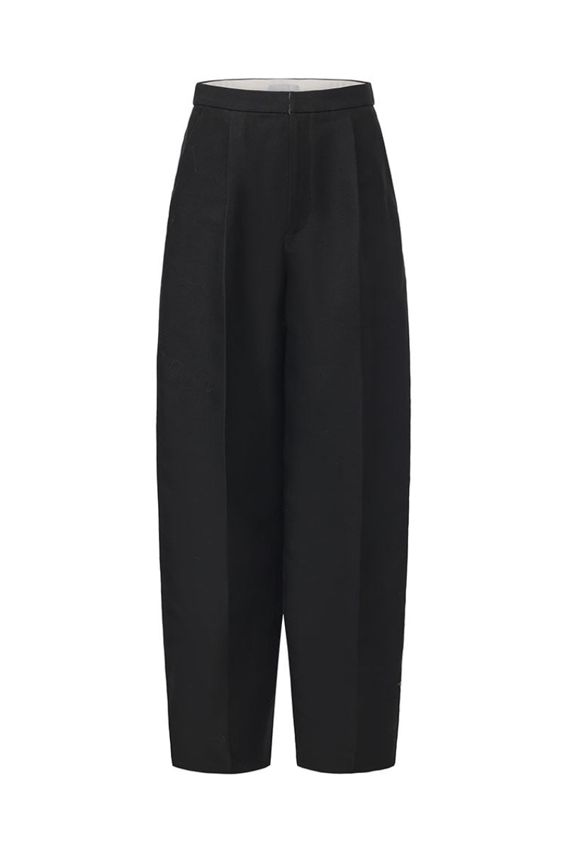 Chictopia ELODIE wide leg pleated trousers, stylish beige pants with a relaxed fit and high waist, displayed on a hanger.