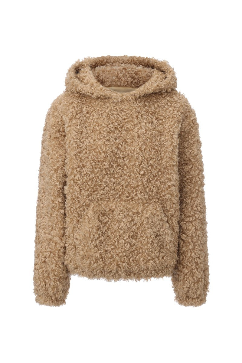 Chictopia tan teddy hoodie sweater with soft plush fabric and a cozy, relaxed fit, perfect for casual wear.