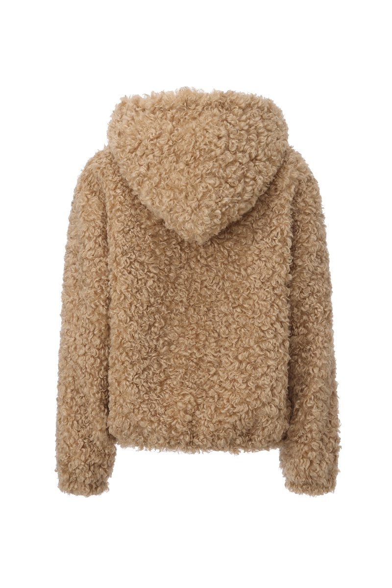Chictopia tan teddy hoodie sweater displayed on a hanger, soft plush fabric with a cozy, casual style for comfortable everyday wear.