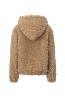 Chictopia tan teddy hoodie sweater displayed on a hanger, soft plush fabric with a cozy, casual style for comfortable everyday wear.