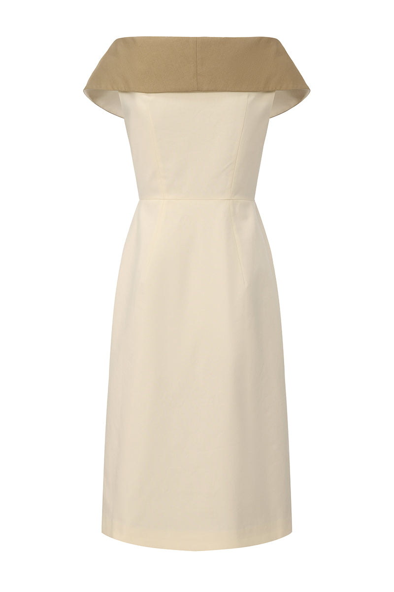 Beige and caramel cotton midi dress by Chictopia featuring a relaxed fit and casual style, displayed on a hanger.