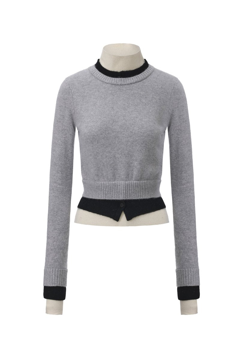 Chictopia layered grey cashmere sweater, soft knit with a stylish relaxed fit, perfect for cozy winter outfits.