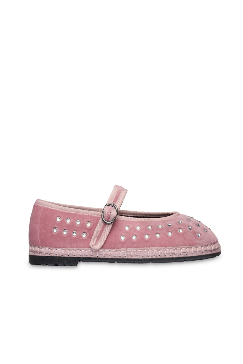 Pink Mae Cristal orchid flats by Flabelus with light pink piping, featuring a sleek design and elegant floral details.