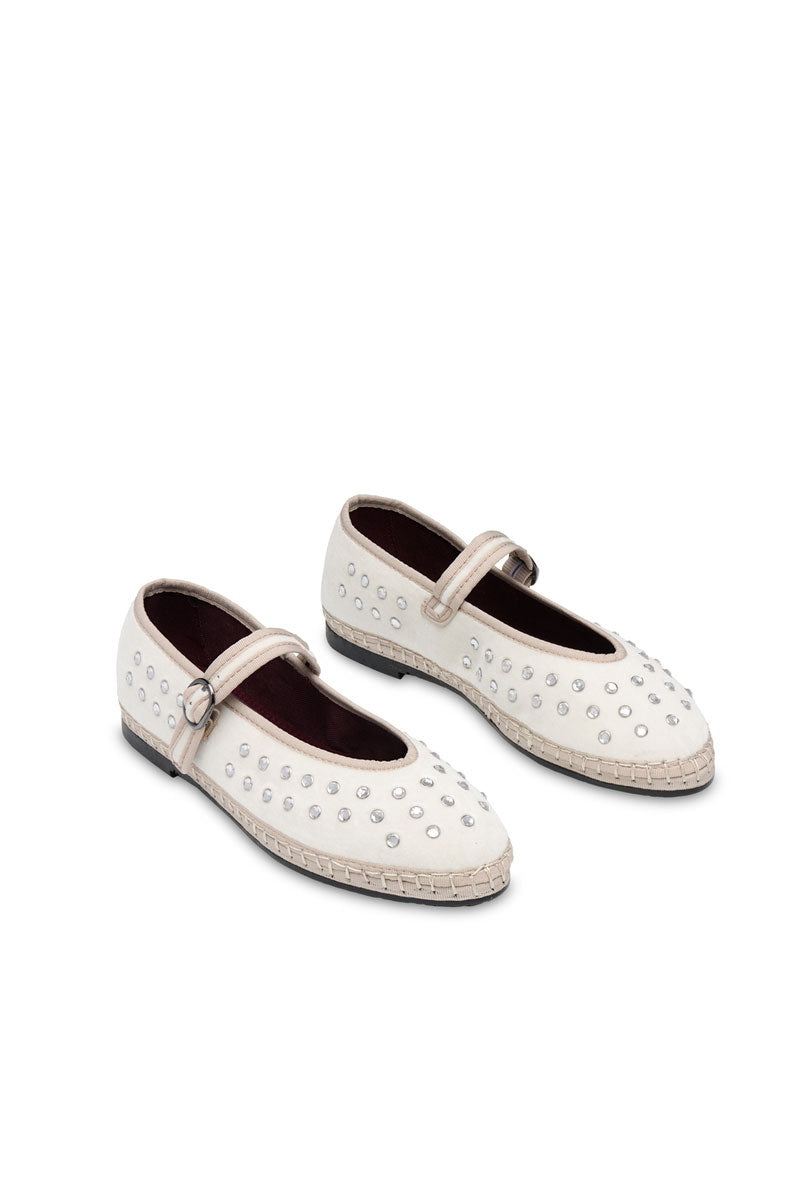 Flabelus Mae Cristal Nude Flats featuring a sleek, minimalist design with crystal embellishments and a comfortable flat sole.