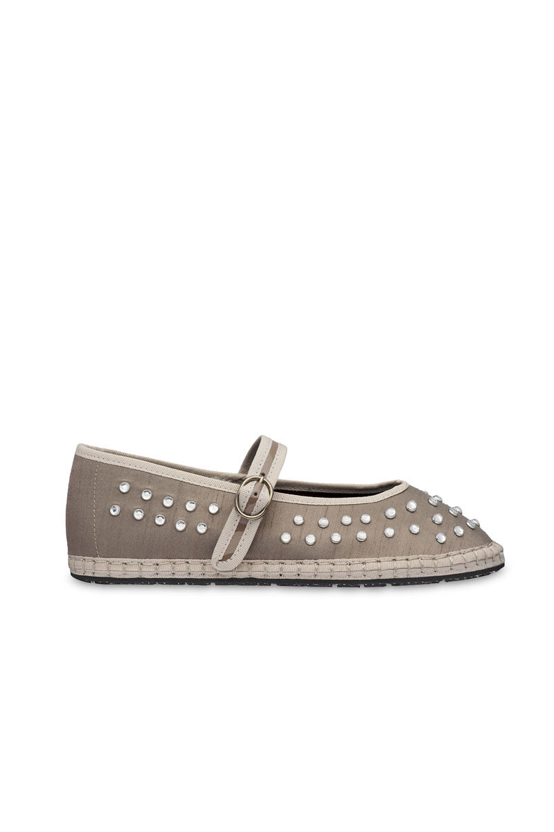 Flabelus Mae grey flats shown from the side, featuring a sleek design and comfortable slip-on style for casual wear.