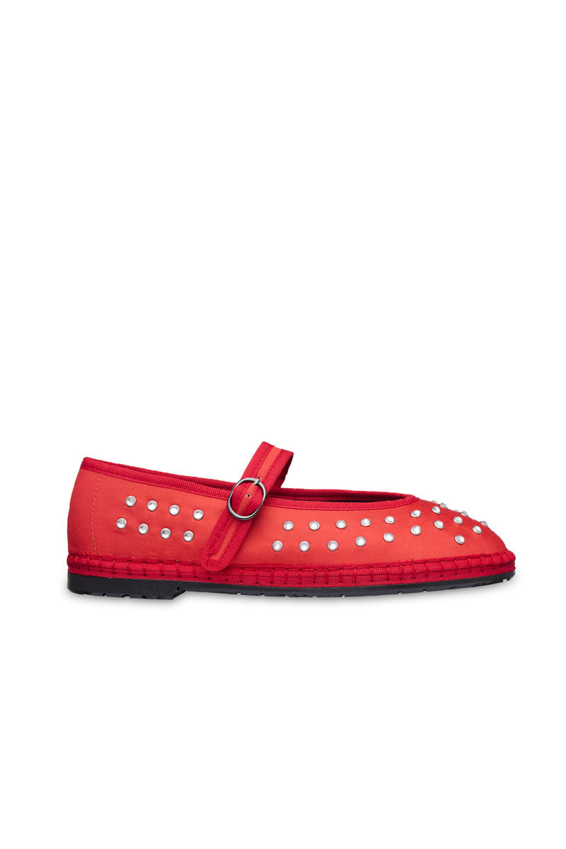 Flabelus Mae red flats showing stylish pointed toes and sleek design, perfect for casual or dressy occasions.