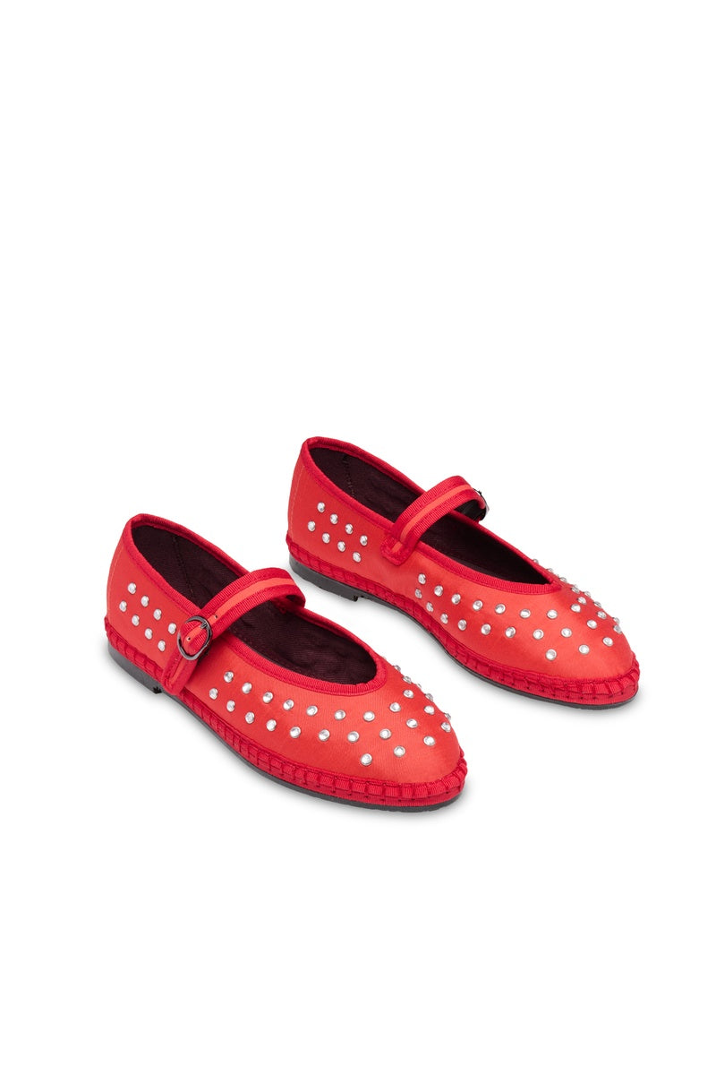 Flabelus Mae red flats with pointed toes and sleek design, perfect for casual and dressy occasions.