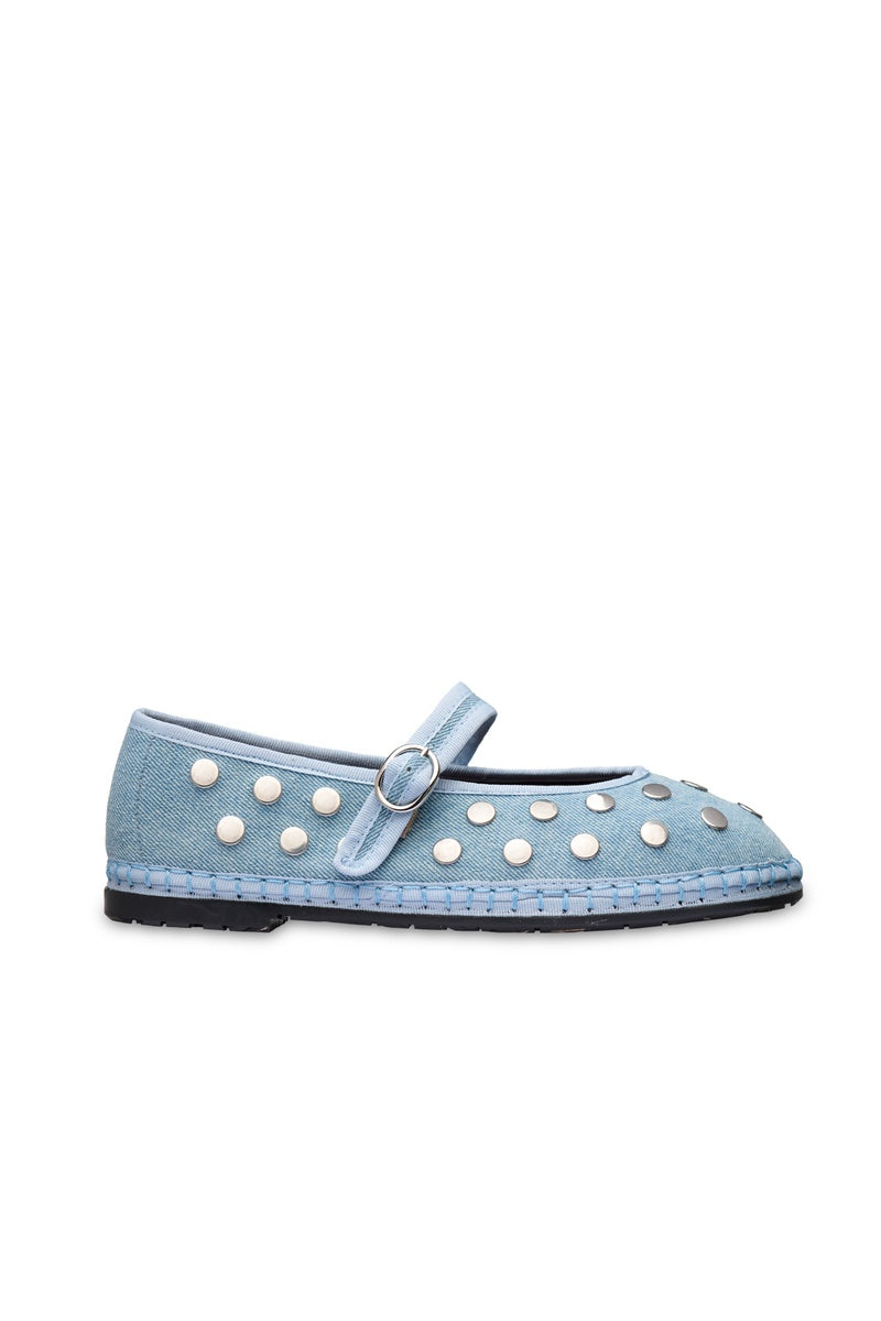 Flabelus Mae silver light denim flats with pointed toe and slip-on design, showcasing casual and stylish footwear.