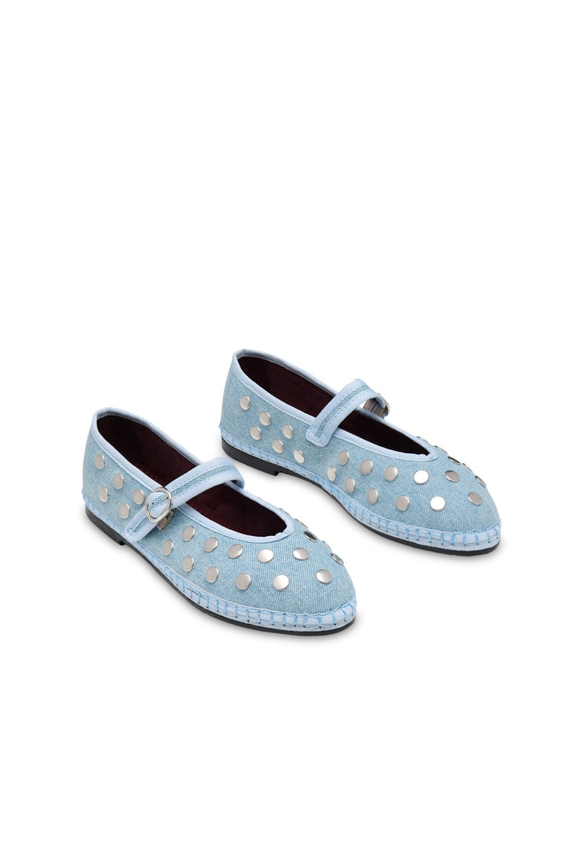 Flabelus Mae silver light denim flats with rounded toe and slip-on design, showcasing casual style and denim fabric.