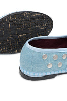 Flabelus Mae Silver Light Denim Flats featuring a sleek design, light denim fabric, and comfortable slip-on style.
