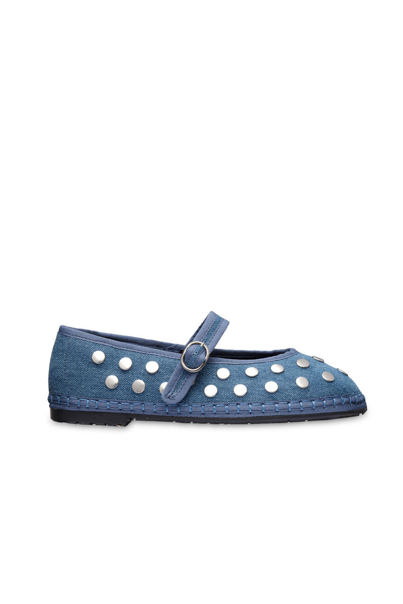 Flabelus Mae silver light denim flats with pointed toes and slip-on design, showcasing casual and stylish footwear.