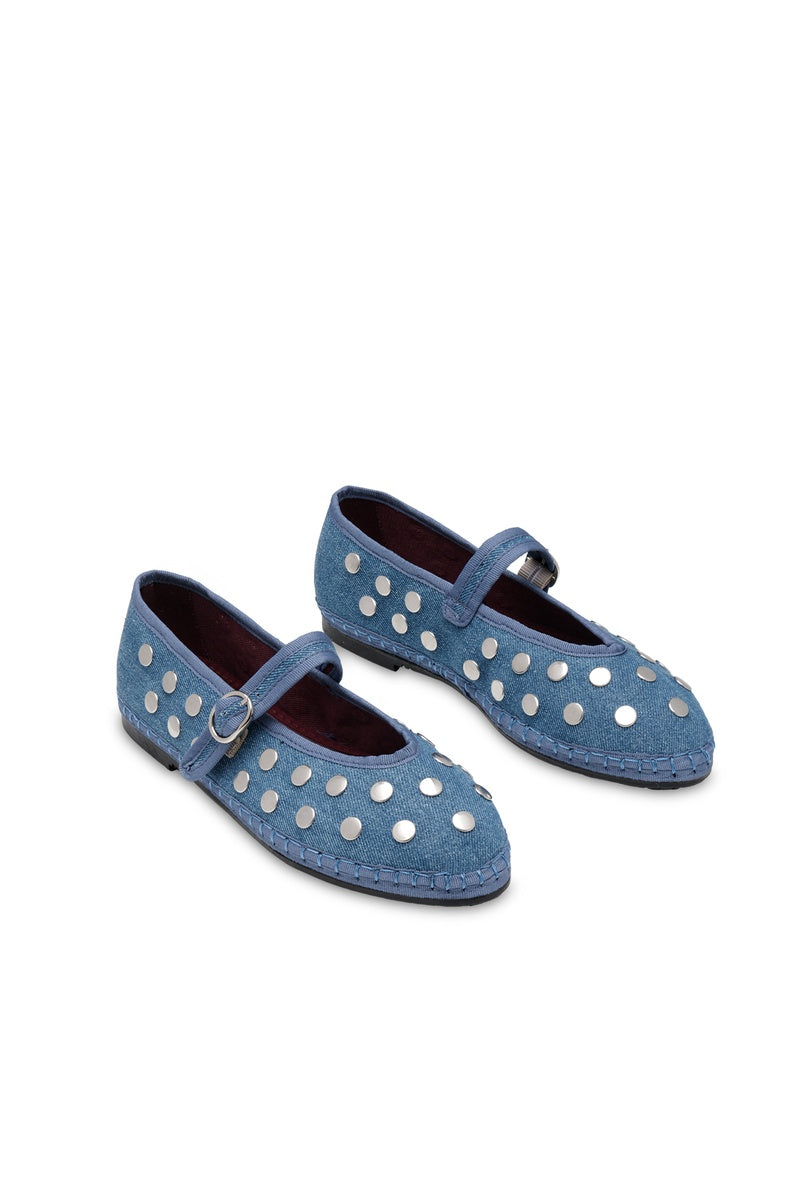 Flabelus Mae silver light denim flats with rounded toe and slip-on design, showcasing casual and stylish footwear.