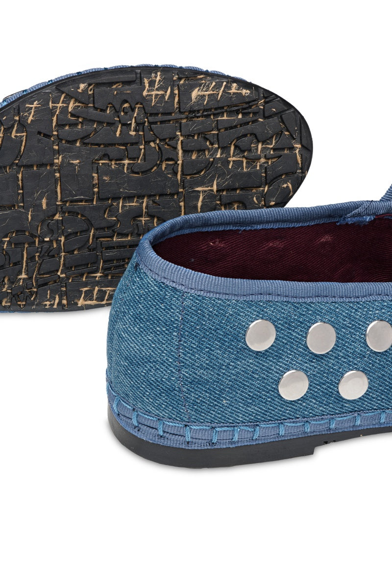 Flabelus Mae silver light denim flats with rounded toe and ankle strap, stylish casual footwear for women.
