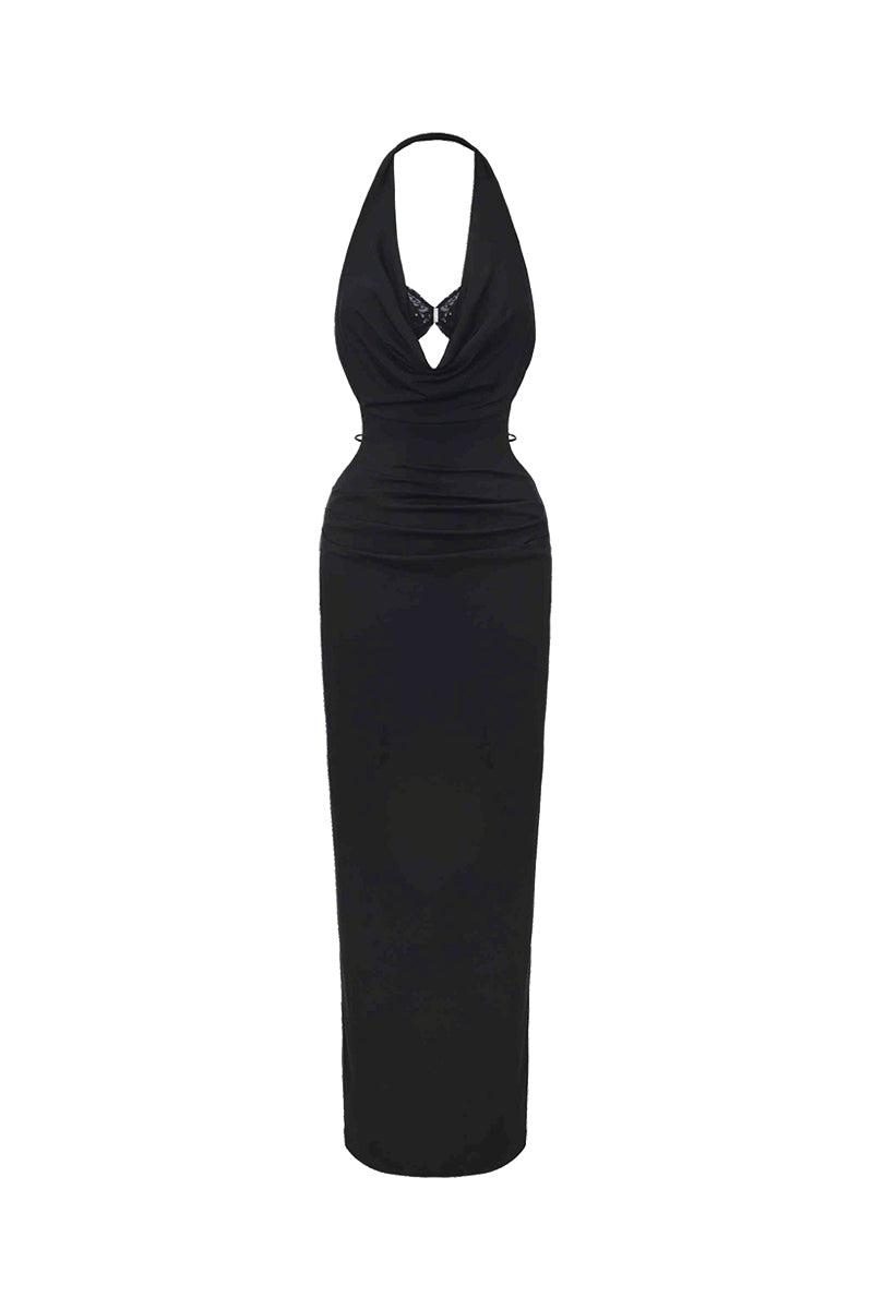 Black Maeve Maxi Dress by Nana Jacqueline featuring a cowl-neck design, displayed from the front view.