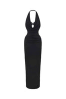 Black Maeve Maxi Dress by Nana Jacqueline featuring a stylish cowl neck, displayed from the front view.