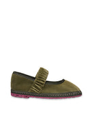 Olive green Flabelus Mafalda flats with matching green piping, stylish and comfortable footwear for casual or dressy occasions.